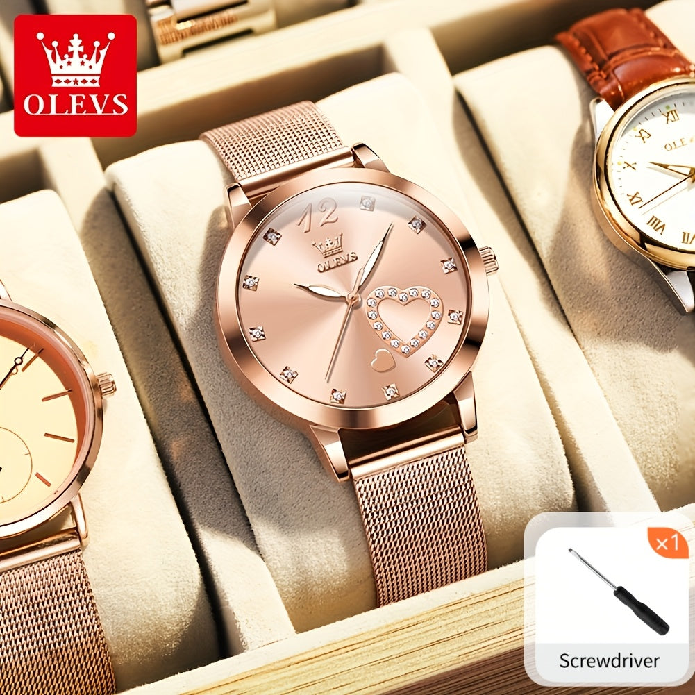 OLEVS Orologio da Donna Moda Oro Rosa Strass Orologio da Donna per Donne Cinturino a Rete Lusso Abito Cuori Damigelle Quarzo Luminoso Data Orologi da Polso da Donna Quadrante Nero/Bianco/Rosso/Rosa