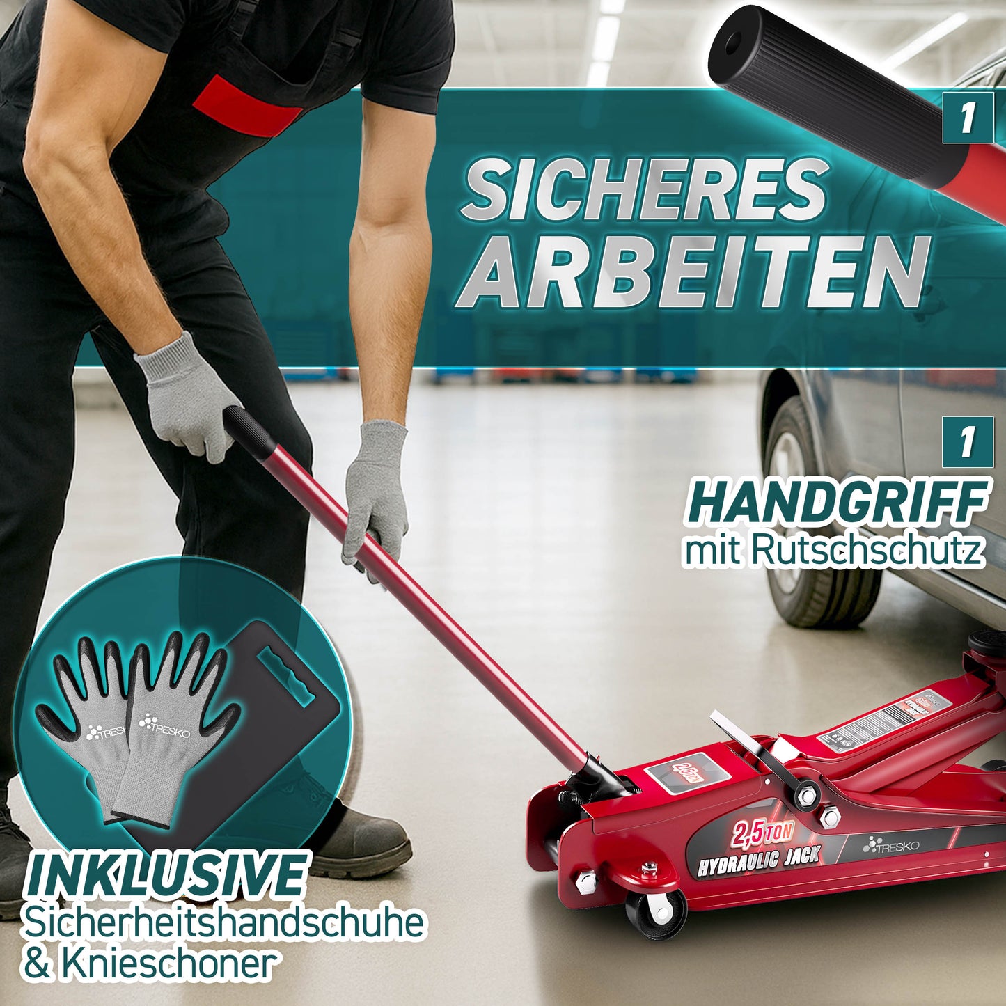 Cric idraulico per auto TRESKO® 2.5 - 3T | Cric idraulico per spostamento auto e SUV con ruote piane e a 360°, include 2 guarnizioni in gomma, tappetino protettivo, guanti