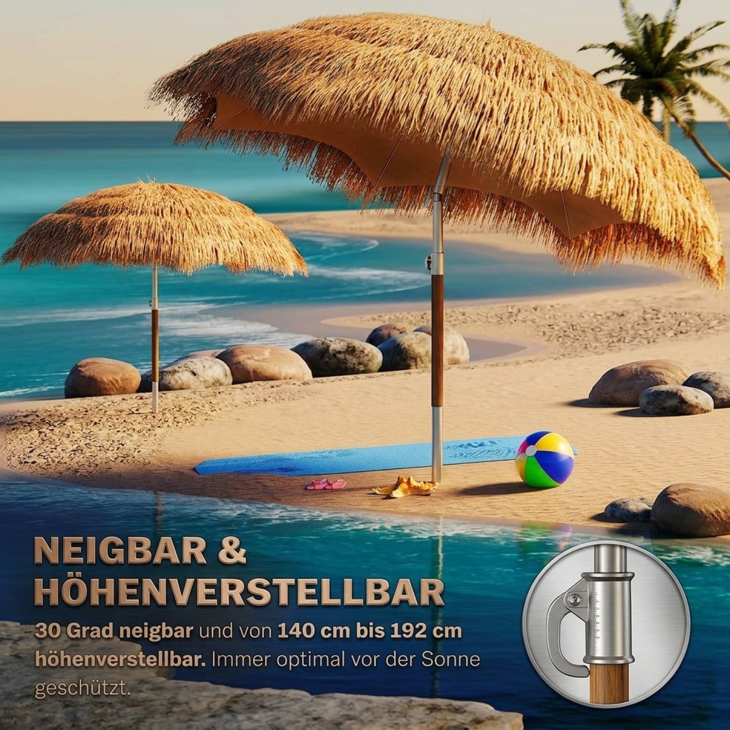 Ombrellone Hawaiano a Forma di Sole Ø160cm, Pieghevole, Inclinabile, Altezza Regolabile, Protezione UV 30+, Grande Ombrellone Rotondo Rotondo da Balcone e Spiaggia in Paglia, Ombrellone Hawaiano Bast, Marrone