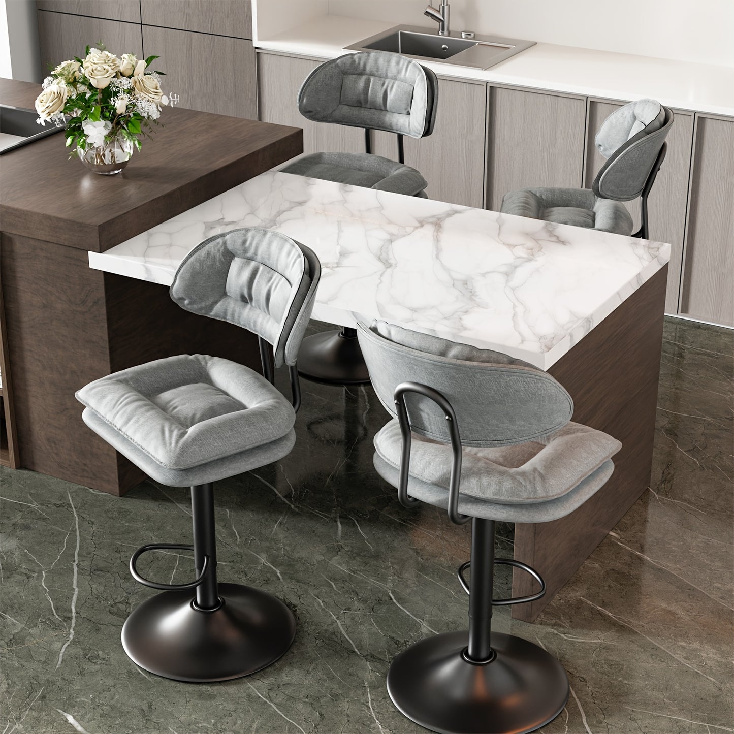 Set di 2 sgabelli da bar | Sedie da bar ergonomiche imbottite in legno con schienale | Sgabelli da bar moderni regolabili girevoli con sollevamento a gas ad altezza bancone per isola cucina o bancone colazione