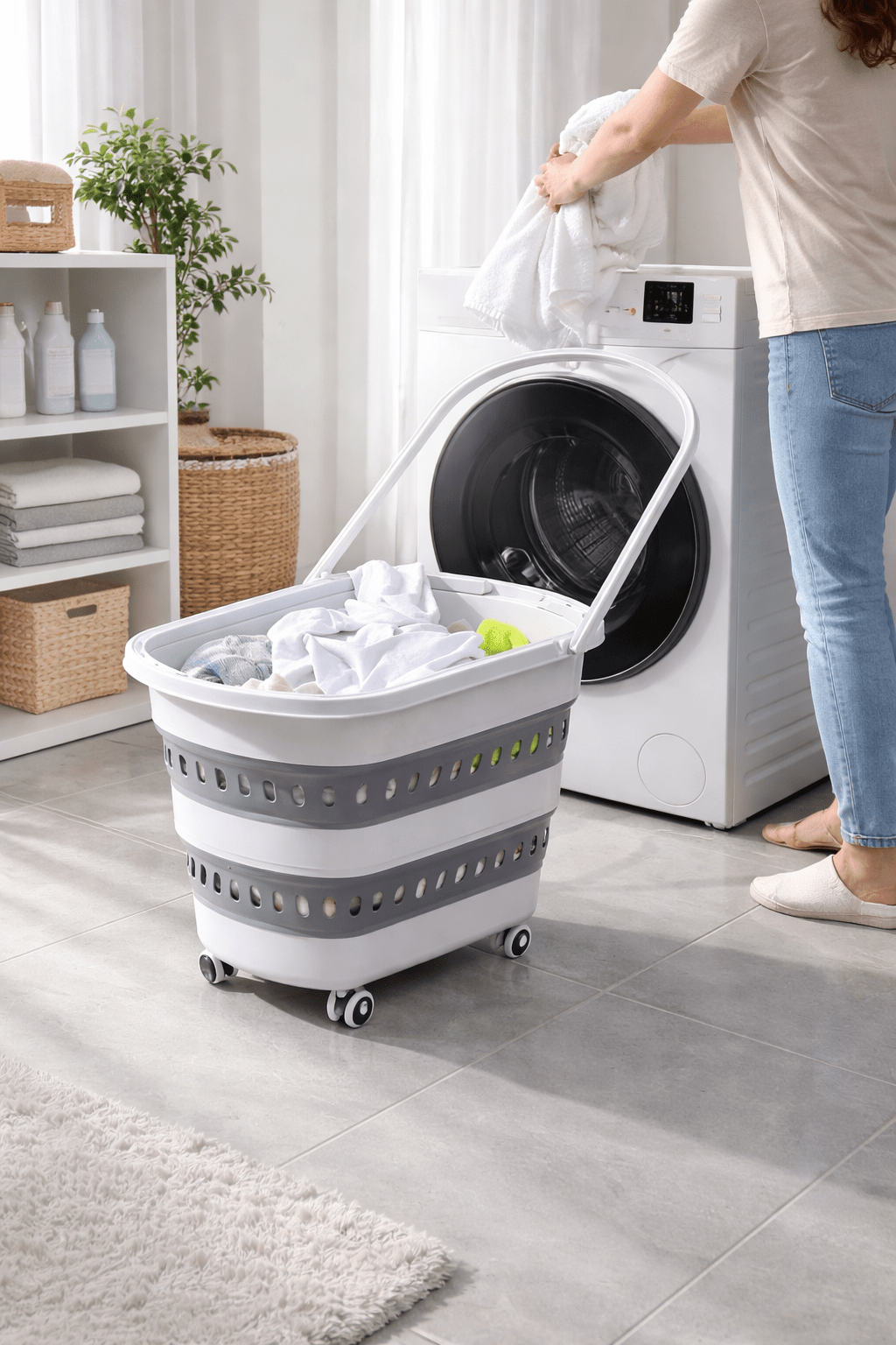 Cesto per il bucato retrattile e pieghevole con ruote - 45 litri - Bianco Grigio