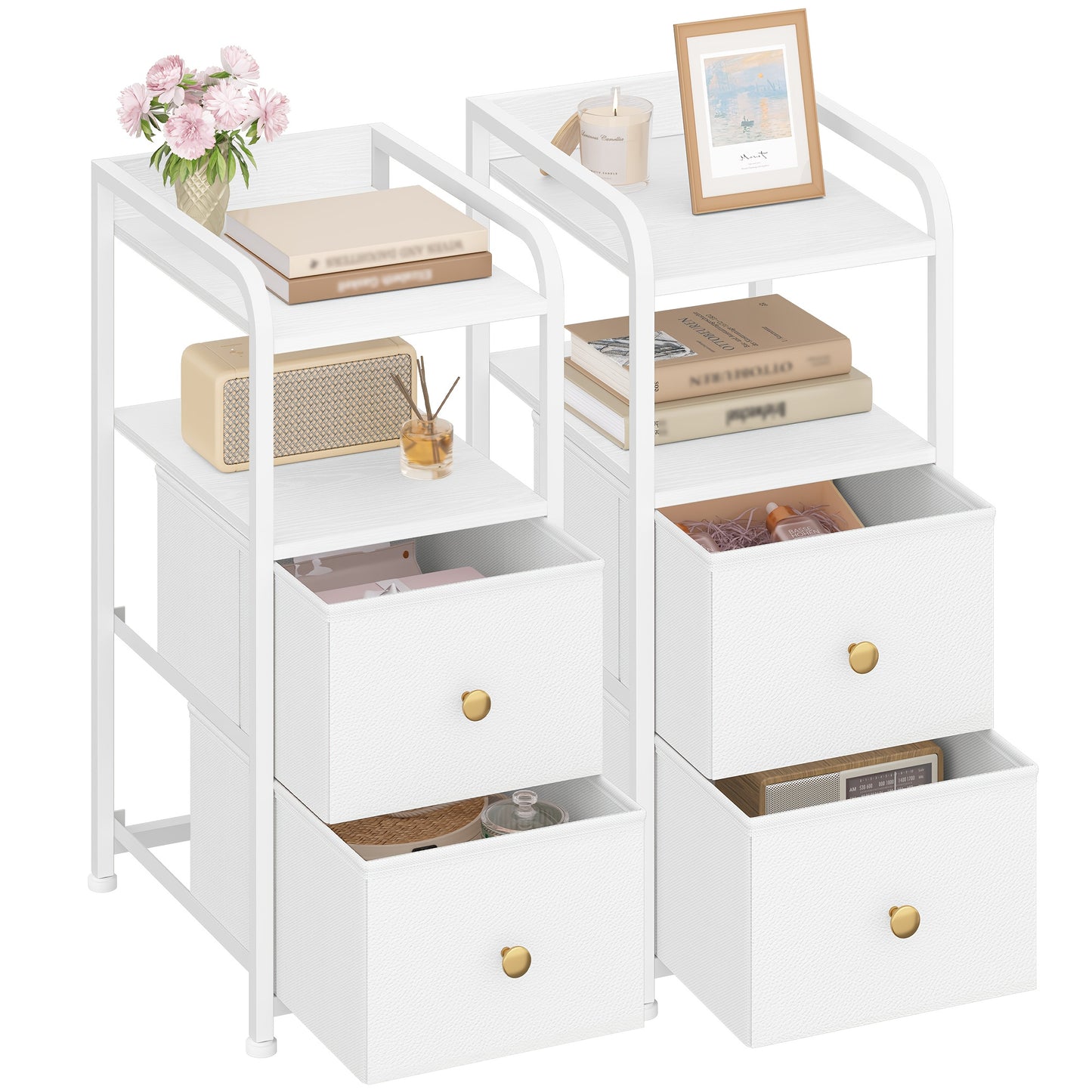 Comodino (set da 1 o 2), Organizzazione e stoccaggio per camera da letto, Tavolino laterale stretto con 2 cassetti in tessuto, Comodino stretto con scomparti aperti, Salvaspazio, Comodino per camera da letto o soggiorno, 35 X 27 X 60 cm, Bianco