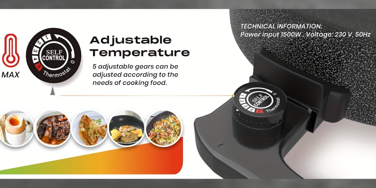 SUPERLEX 40X7Cm Padella Elettrica Multiuso | 1500W Antiaderente con Piastra in Alluminio | Base in Acciaio | Coperchio in Vetro Temperato | Termostato Regolabile | Ampia Capacità di 7L per Pizza, Feste & Cucina Familiare