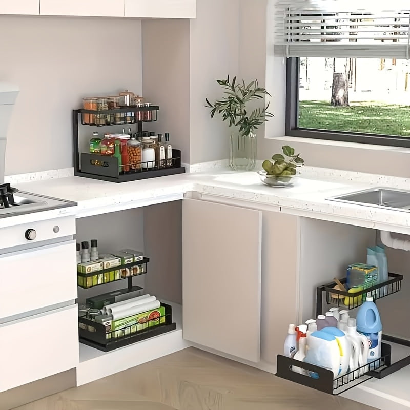 1 pz. Scaffale estraibile a doppio strato da posizionare sotto il lavandino, mensola multifunzionale in acciaio al carbonio per cucina e bagno, adatta per organizer di articoli essenziali e prodotti per la pulizia - Nero/Bianco