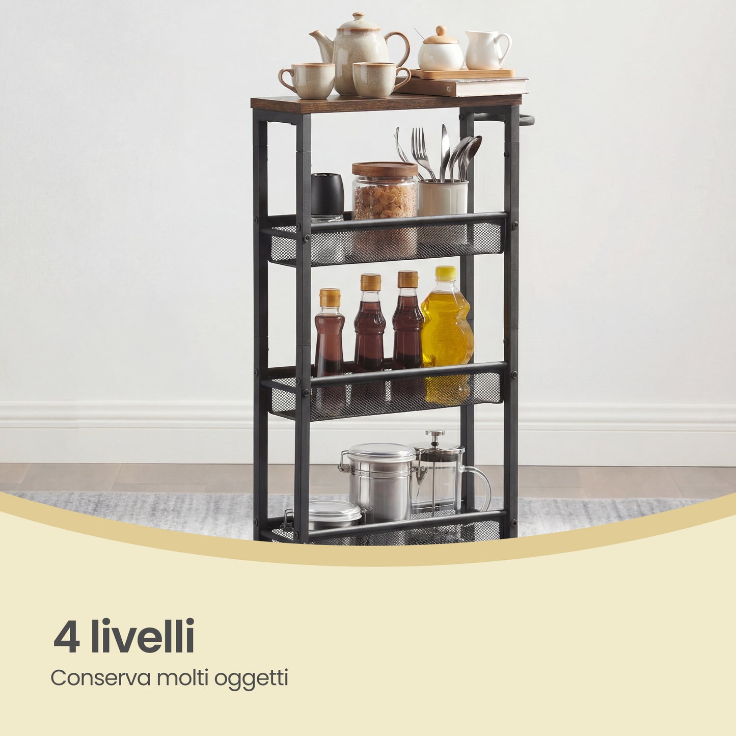 Carrello multiuso con rotelle, design sottile, si inserisce perfettamente negli spazi della cucina. Adatto per l'uso vicino alle cappe aspiranti, nei bagni e accanto ai frigoriferi.