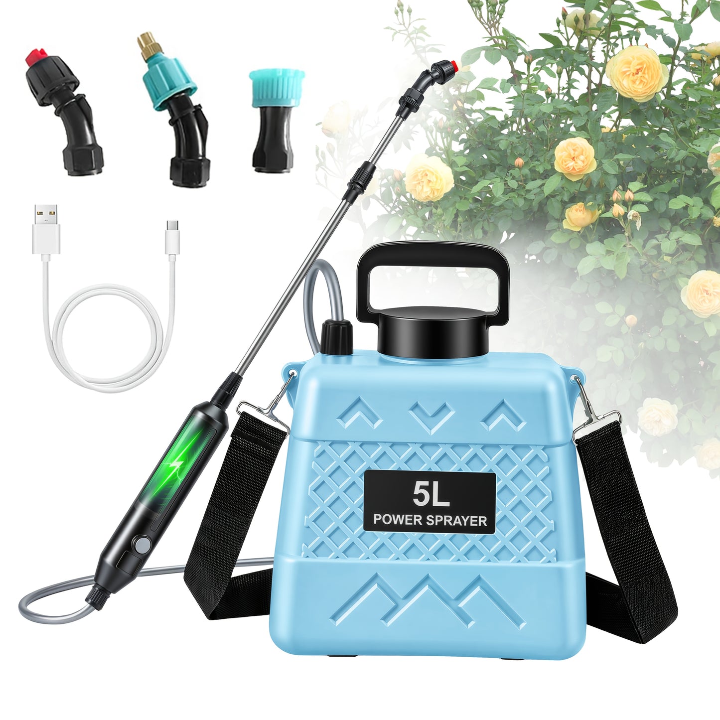 Spruzzatore Elettrico da 5L 1,32 Galloni con Annaffiatoio Elettrico Portatile Ricaricabile, Attrezzo Elettrico per Innaffiare il Giardino, Spruzzatore da Giardino con 3 Ugelli a Nebbia e Asta Estensibile, Adatto per Innaffiare Prati, Colture, Giardinaggio