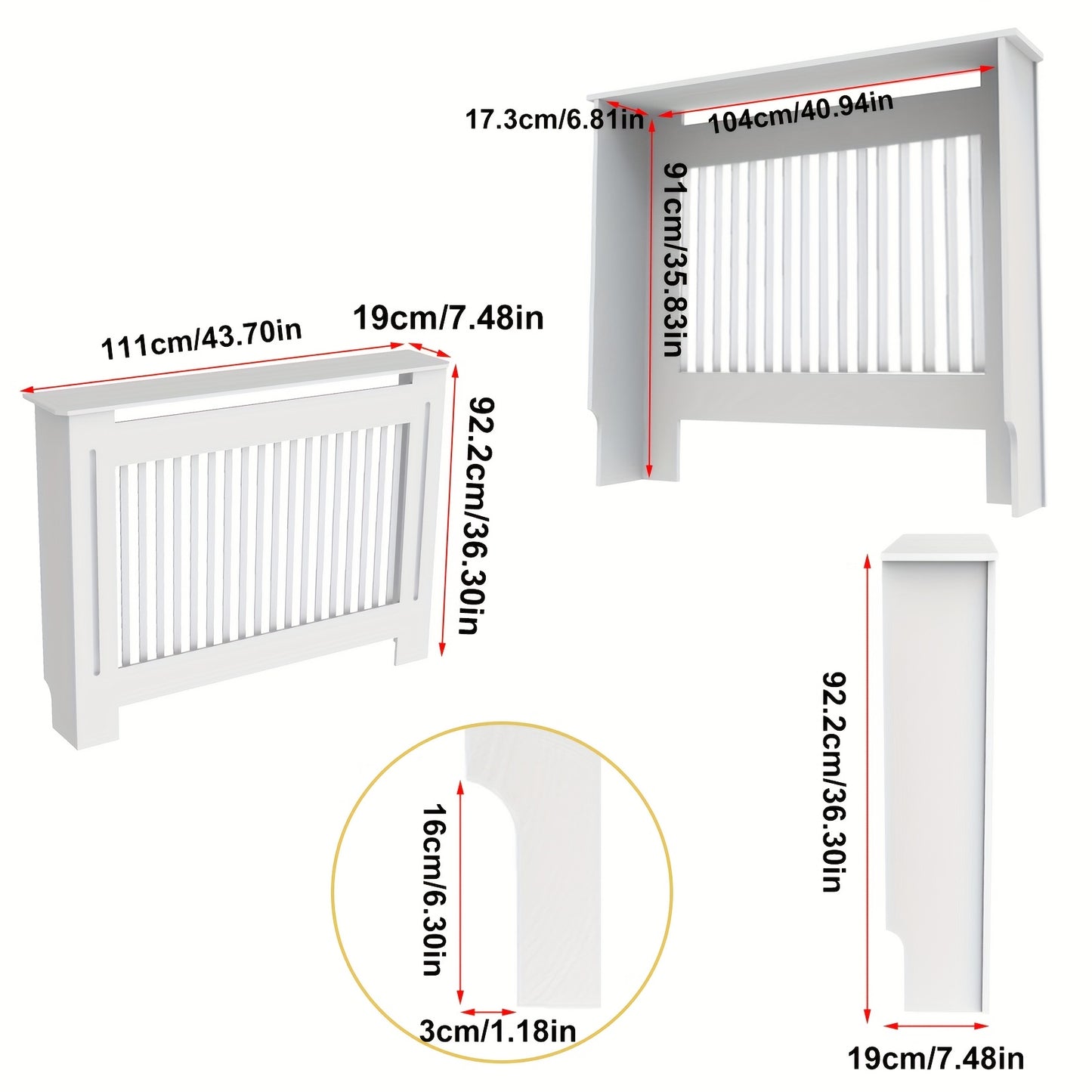 Pannello copriradiatore extra alto 92 cm/27" - Autoportante - Adatto per radiatori orizzontali/verticali, pannello con porta, ripiano e barriera con vano portaoggetti, unità da assemblare