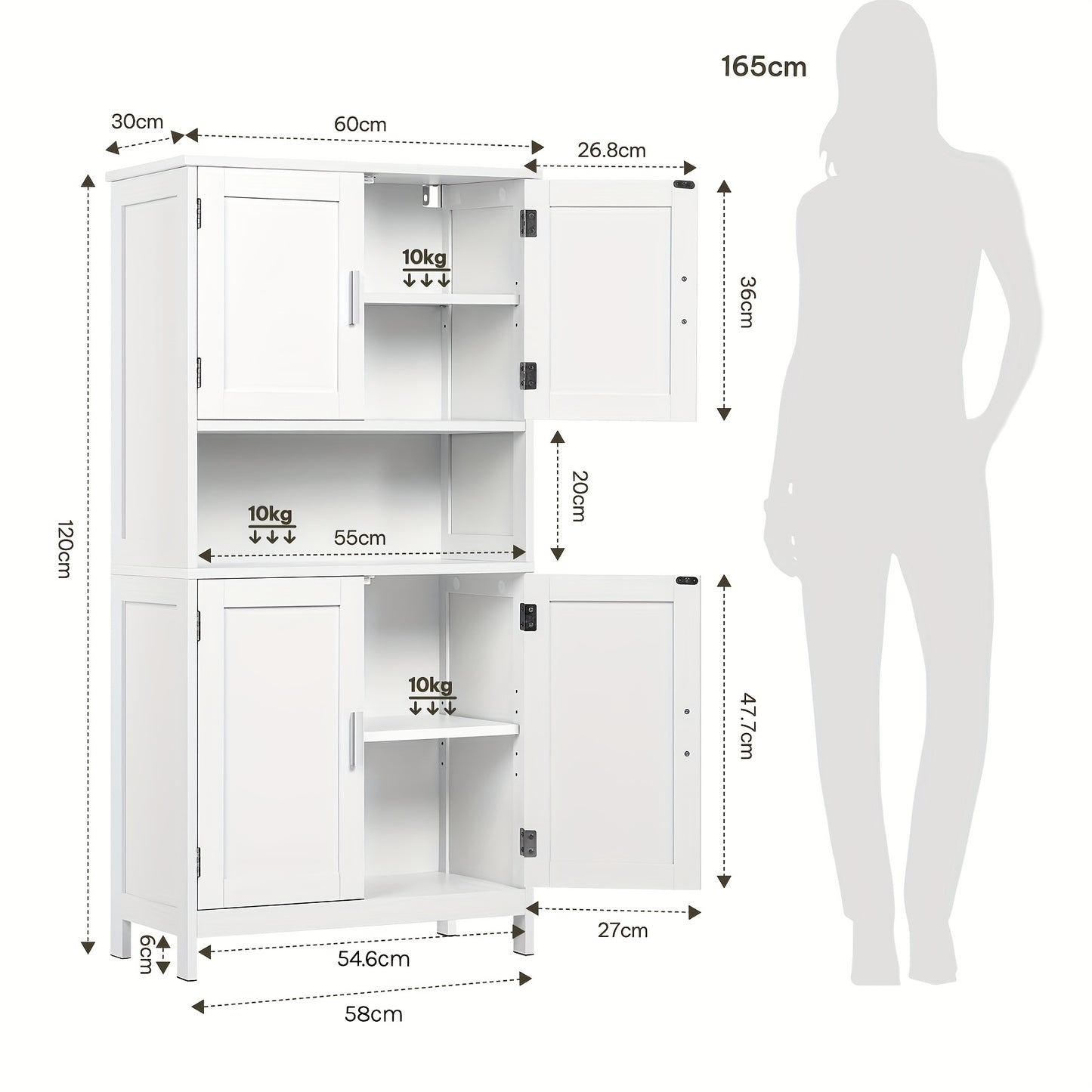 1 pz Mobiletto contenitore multifunzionale moderno e semplice, mobile per bagno, design a quattro ante + ripiano aperto, adatto per bagno/cucina/soggiorno/ufficio 60x120x30cm bianco, manufatto contenitore per la casa