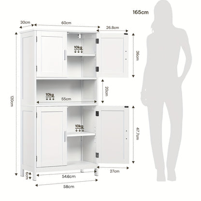 1 pz Mobiletto contenitore multifunzionale moderno e semplice, mobile per bagno, design a quattro ante + ripiano aperto, adatto per bagno/cucina/soggiorno/ufficio 60x120x30cm bianco, manufatto contenitore per la casa
