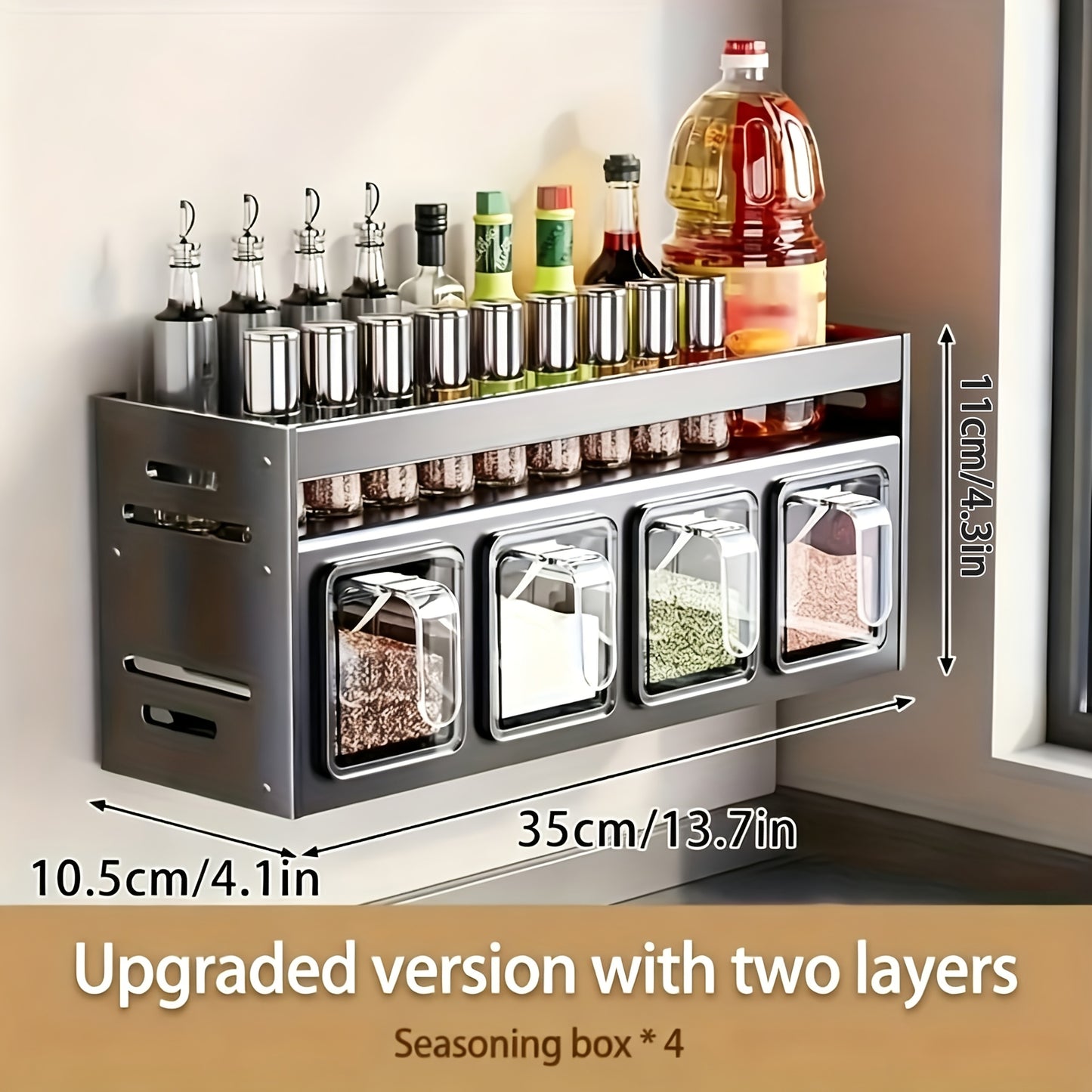 Organizzatore da parete per spezie, 1 pezzo, con ripiani sospesi e barattoli per spezie - Installazione senza foratura, sistema di conservazione da cucina in acciaio inossidabile salvaspazio adatto per spezie, erbe, oli, salse, organizzazione dispensa, sc