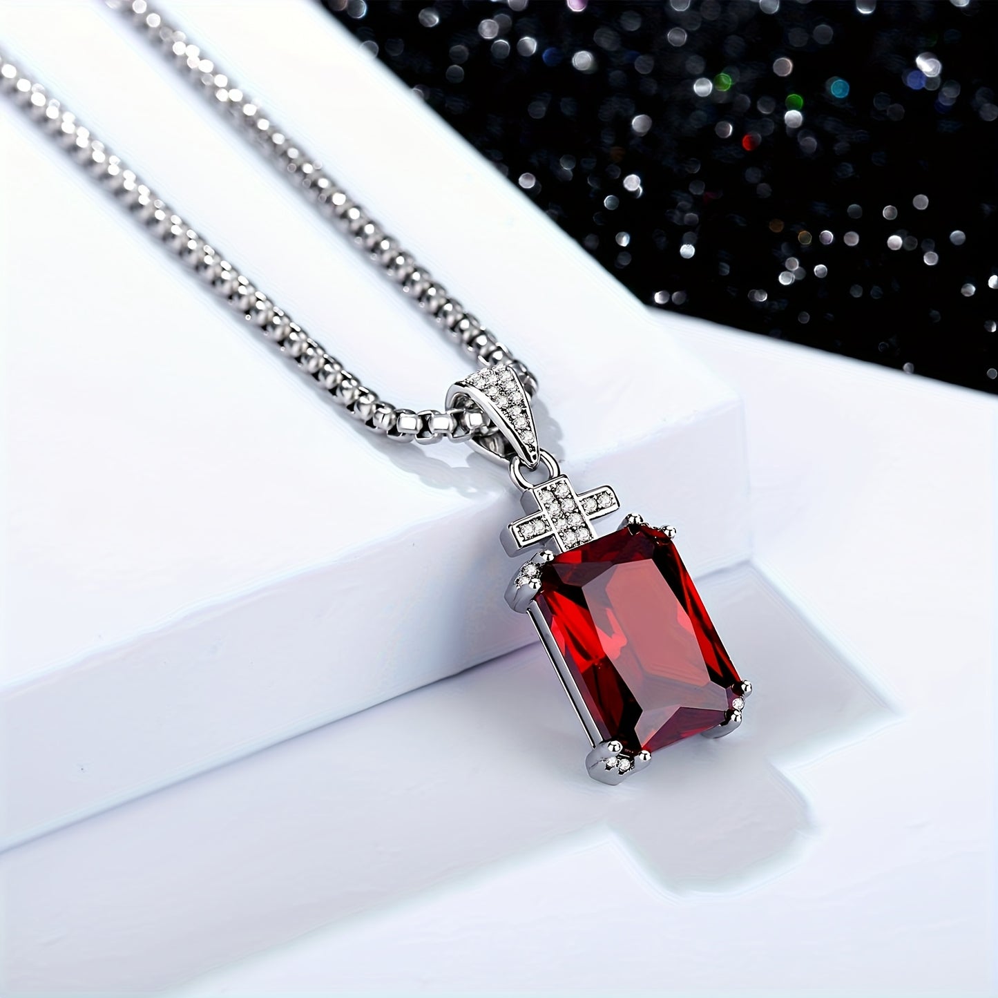 Collana a croce da uomo di alta qualità | Ciondolo con zaffiro cubico taglio gemma sintetica da 17,5CT | Catena in acciaio inossidabile 304L da 60,96 cm | Regalo di lusso per lui
