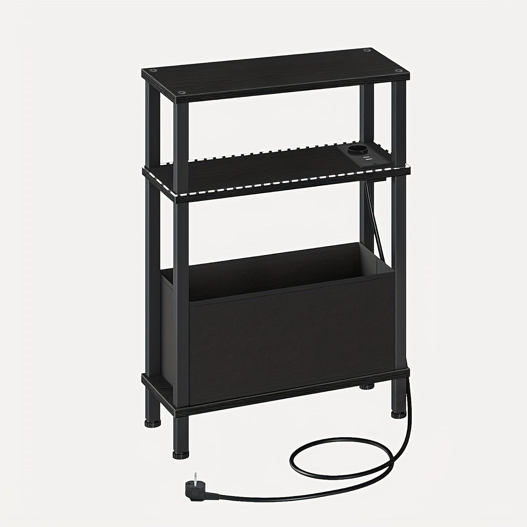 Tavolino Laterale Stretto a 3 Ripiani, Tavolino da Divano con Stazione di Ricarica, Comodino con Cassetto Rimovibile in Tessuto Non Tessuto, Tavolino da Divano in Stile Rustico, Adatto per Camera da Letto, Soggiorno, Ufficio, Molteplici Ambienti, Marrone