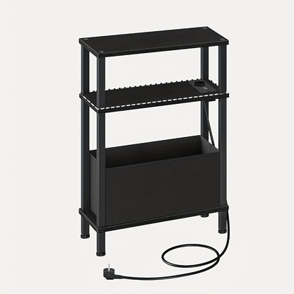 Tavolino Laterale Stretto a 3 Ripiani, Tavolino da Divano con Stazione di Ricarica, Comodino con Cassetto Rimovibile in Tessuto Non Tessuto, Tavolino da Divano in Stile Rustico, Adatto per Camera da Letto, Soggiorno, Ufficio, Molteplici Ambienti, Marrone