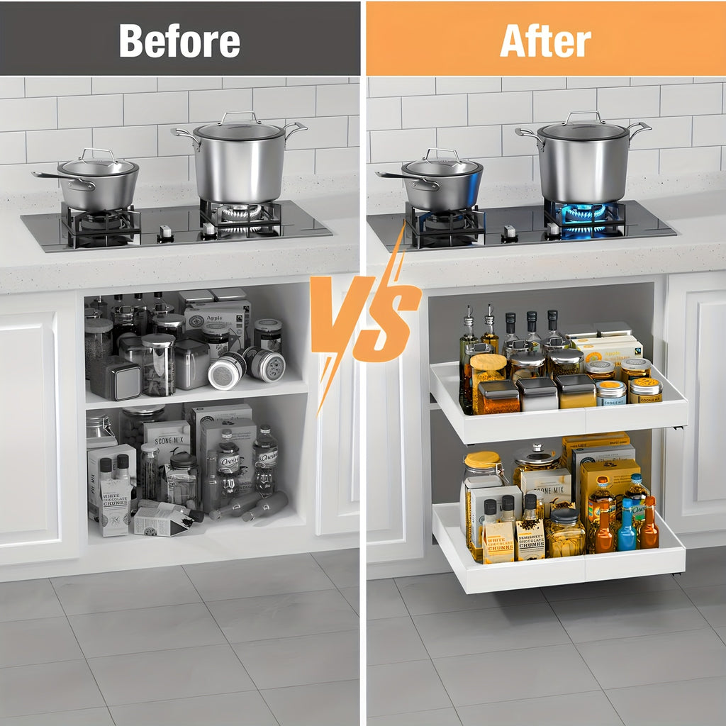 Organizzatore Espandibile per Armadi con Pellicola Adesiva, Larghezza Regolabile da 31cm a 52cm, Cassetto in Metallo Resistente per Pensili di Base, Dispensa e Bagno, Bianco & Nero, Meccanismo Scorrevole Fluido, Facile Installazione, Offerta HOT Devesante
