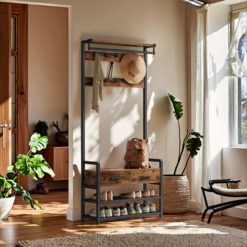Portaoggetti con Panchina e Scarpiattolo, Appendiabiti per Ingresso con 2 Cassetti in Tessuto, 10 Ganci, 30 x 80.4 x 181.6 cm
