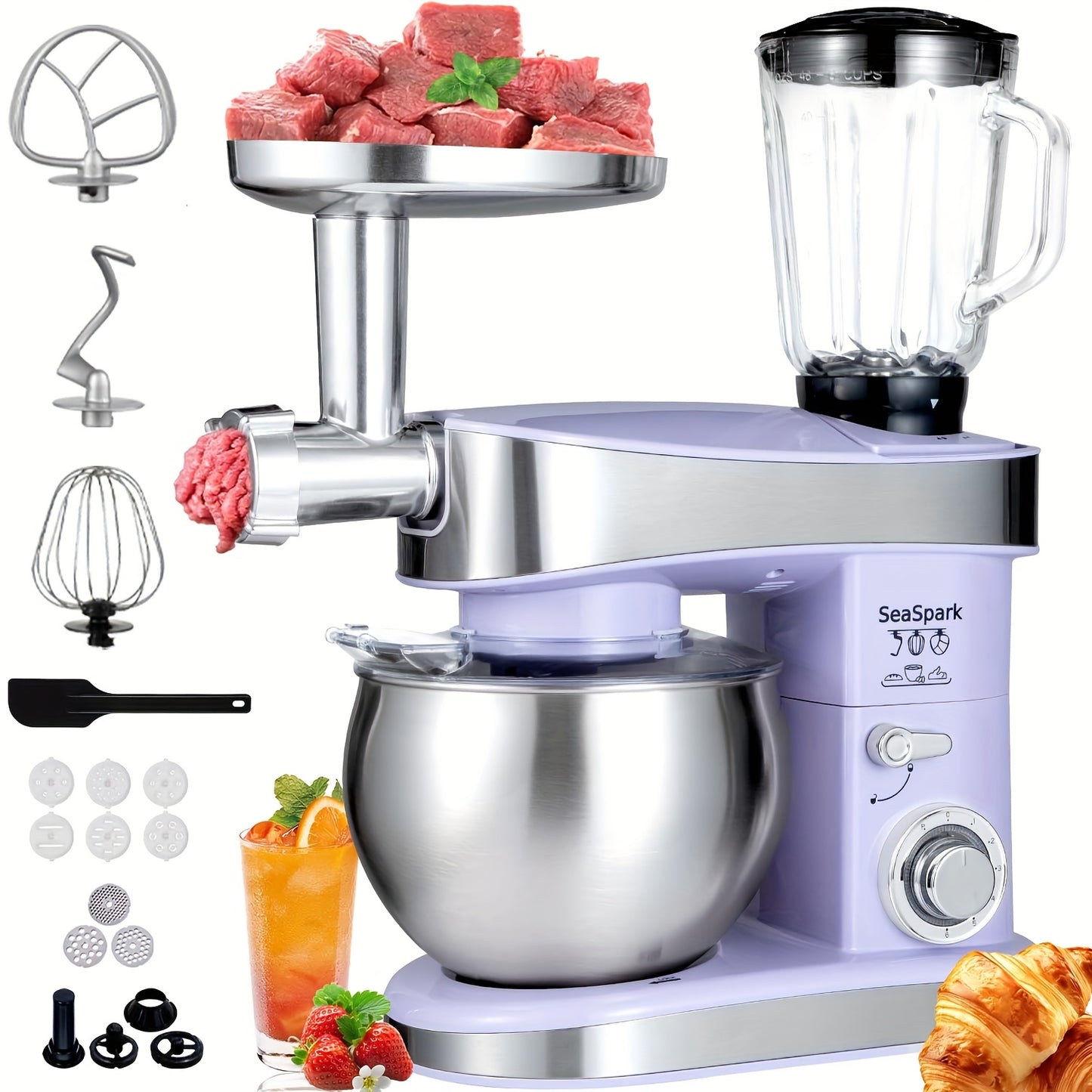 Robot da cucina 6 in 1, 1200W 6 velocità con pulsante a scatto, accessori con ciotola da 6L in acciaio inossidabile, impastatrice elettrica verticale, gancio per impasto, frusta, spatola, accessori per centrifuga, accessori per tritacarne e accessori per