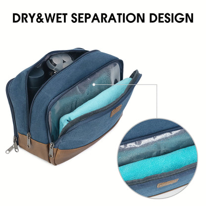 Beauty Case da Viaggio in Tela con Maniglia Laterale per Uomo Donna, Organizer da Viaggio per Articoli da Toeletta, Borsa da Barba con Tasca Separata per Asciutto e Bagnato per Accessori da Viaggio
