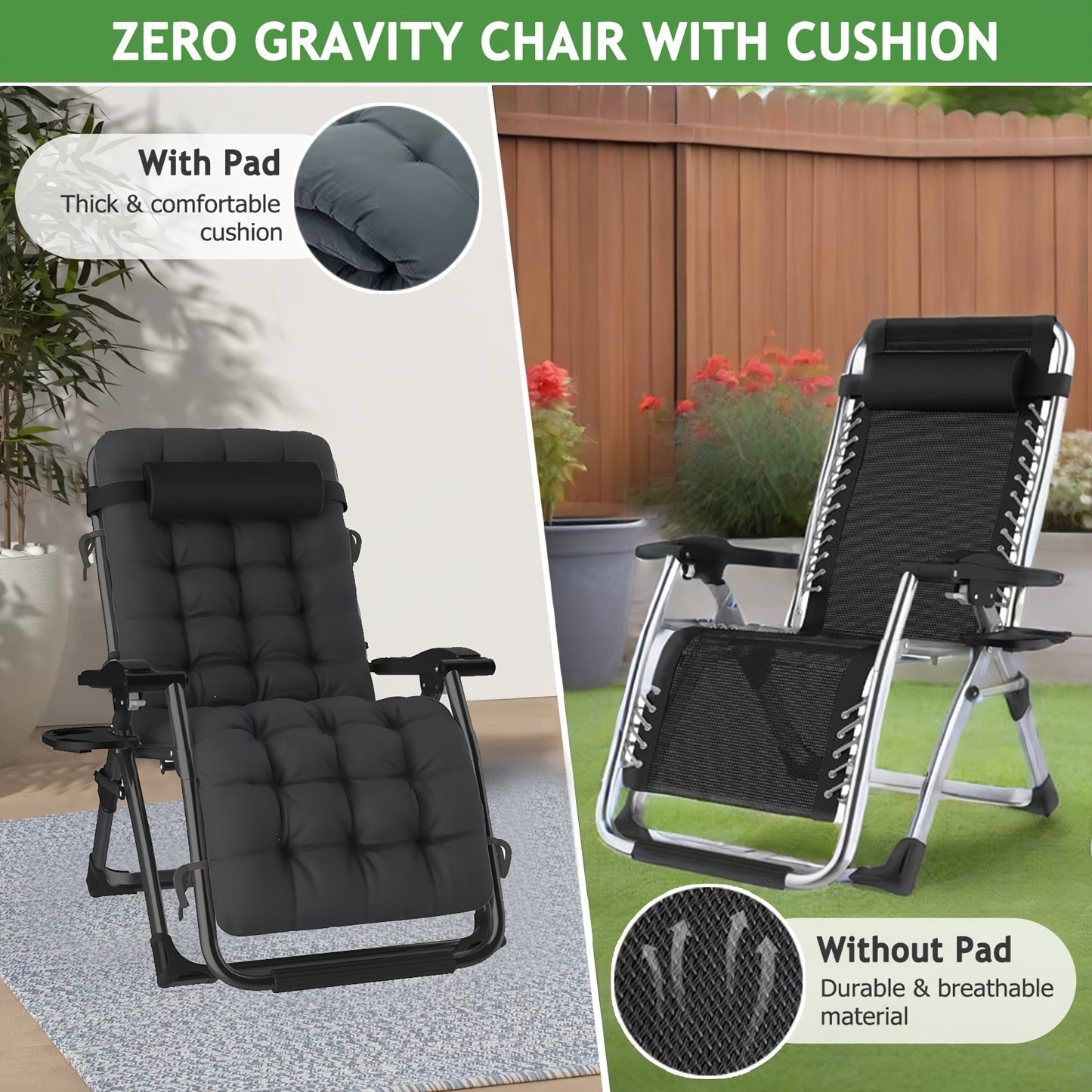 Poltrona Reclinabile ad Alta Gravità Zero Extra Larga 72Cm/28Pollici | Sdraio Pieghevole da Esterno con Cuscino e Poggiatesta Rimovibili, Chaise Lounge Portatile per Abbronzatura con Portabicchieri, Sedie Reclinabili da Esterno per Piscina, Spiaggia, Balc
