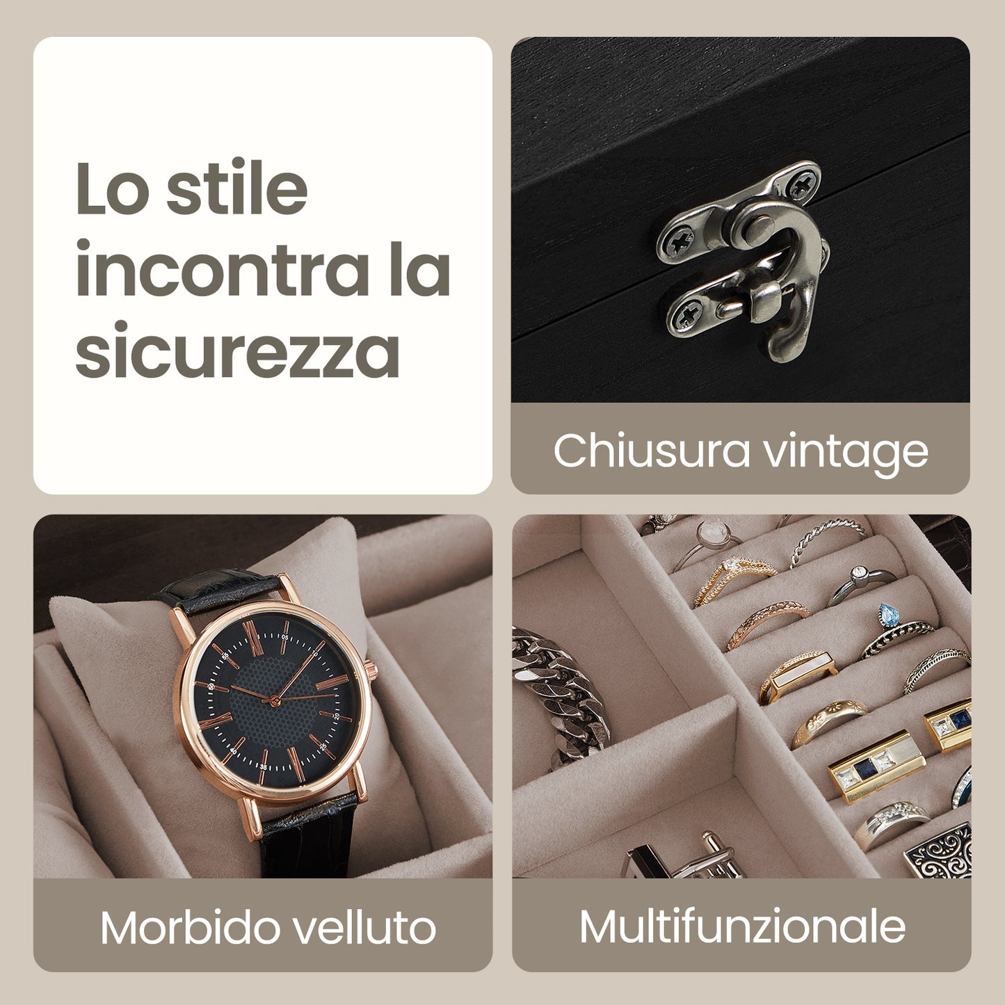 Scatola Porta Orologi in Legno, Custodia per Orologi Meccanici e Gioielli a 8 Scomparti con Coperchio in Vetro, Fodera in Velluto, Inserti Imbottiti, Organizzatore per la Casa, Scelta Regalo Ideale, Scatola Regalo di Natale
