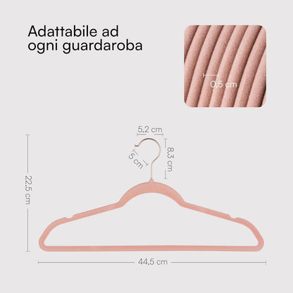 Baroni Home Grucce in Velluto Salvaspazio 44,5 cm – Appendiabiti Antiscivolo con Gancio in Oro o Argento – Design Elegante e Ultra Sottile, Ideali per Vestiti, Camicie, Cappotti – Alta Capacità di Carico – Set da 20 o 50 Pezzi per Organizzare al Meglio il