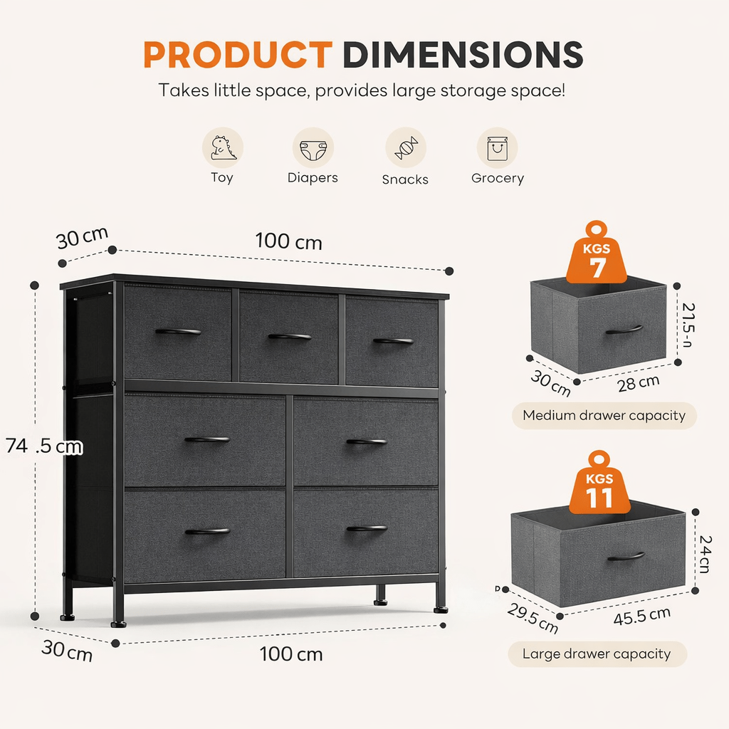 Cassettiera con cassetti, Cassettiera in tessuto per camera da letto, soggiorno, corridoio, Credenza, Mobile con cassetti, Mobile portaoggetti, 7 cassetti in tessuto, Effetto venatura del legno