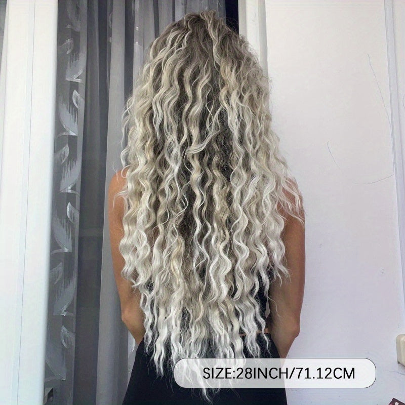Parrucca riccia da donna sfumata grigio-marrone con radici scure, parte centrale e parte laterale - Fibra sintetica resistente al calore, cuffia traspirante a rete di rose, capelli sintetici dall'aspetto naturale, vestibilità aderente, outfit da festa ann