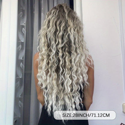 Parrucca riccia da donna sfumata grigio-marrone con radici scure, parte centrale e parte laterale - Fibra sintetica resistente al calore, cuffia traspirante a rete di rose, capelli sintetici dall'aspetto naturale, vestibilità aderente, outfit da festa ann