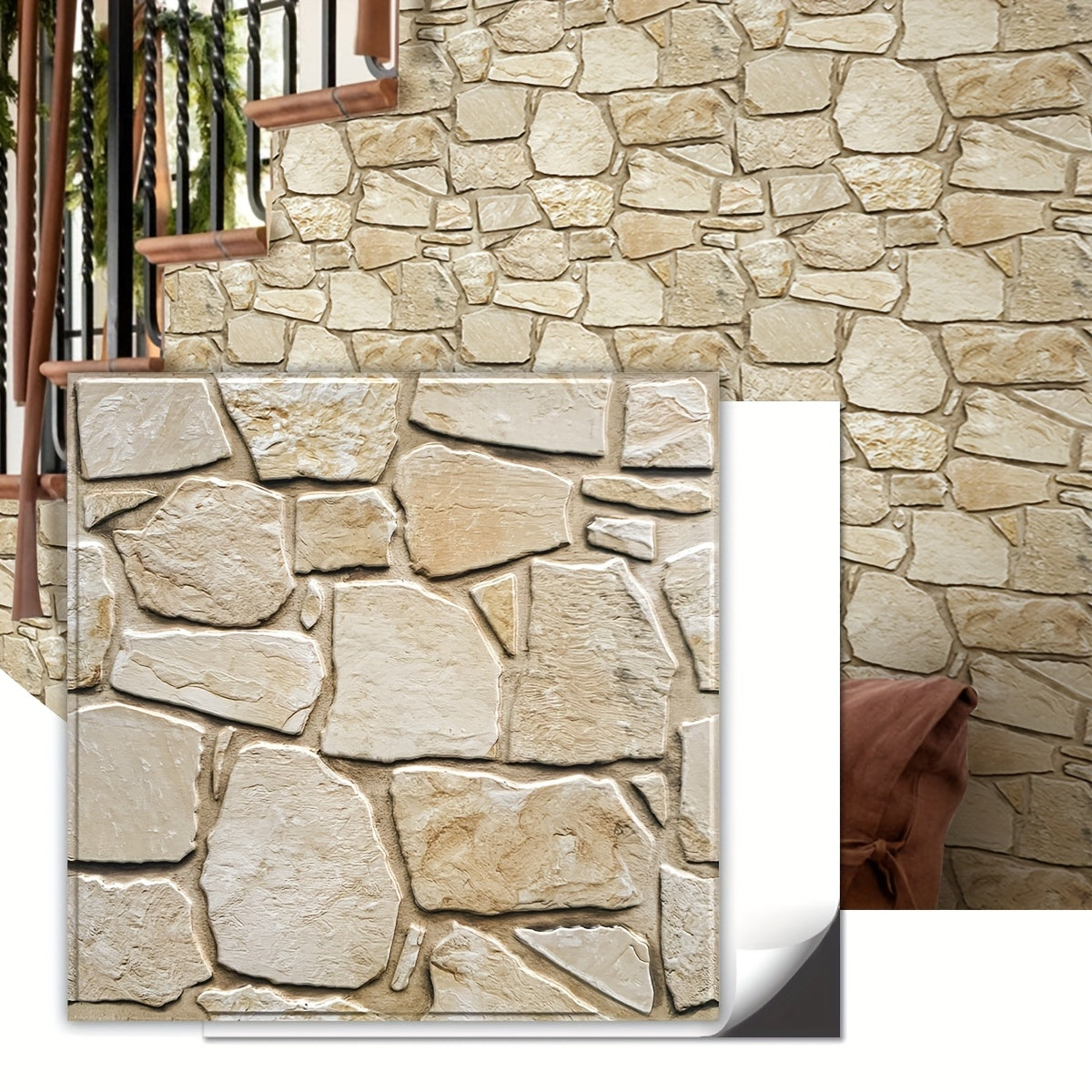 Questo pacchetto include dieci pannelli murali 3D autoadesivi con superficie in PVC effetto pietra, ciascuno misurato 30 per 30 centimetri, progettati per decorare pareti interne.