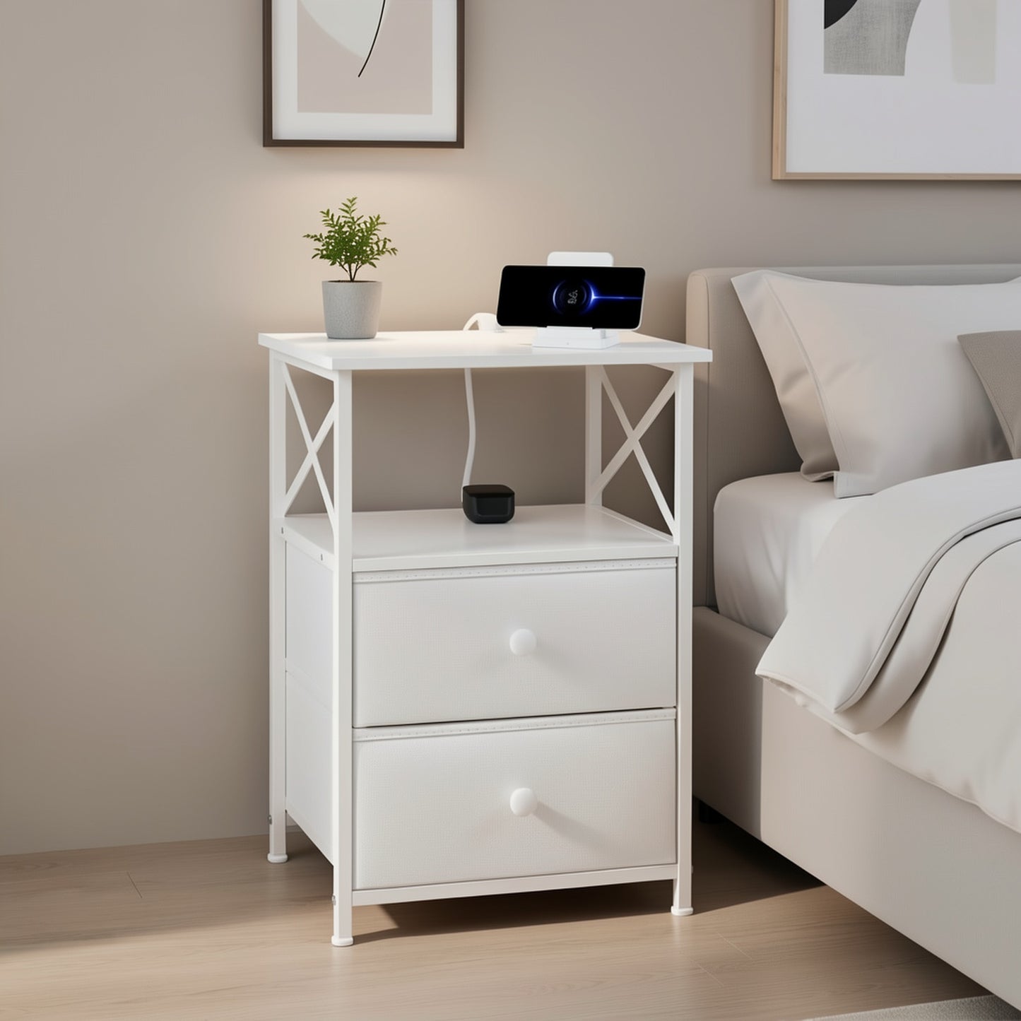 AMHANCIBLE Set Comodino 1/2 pezzi, Comodino LED con Base di Ricarica, Tavolino Laterale con Porte USB e Prese, Comodino con 2 Cassetti in Tessuto per Camera da Letto, Soggiorno, Tavolino Laterale per Divano, Comodino