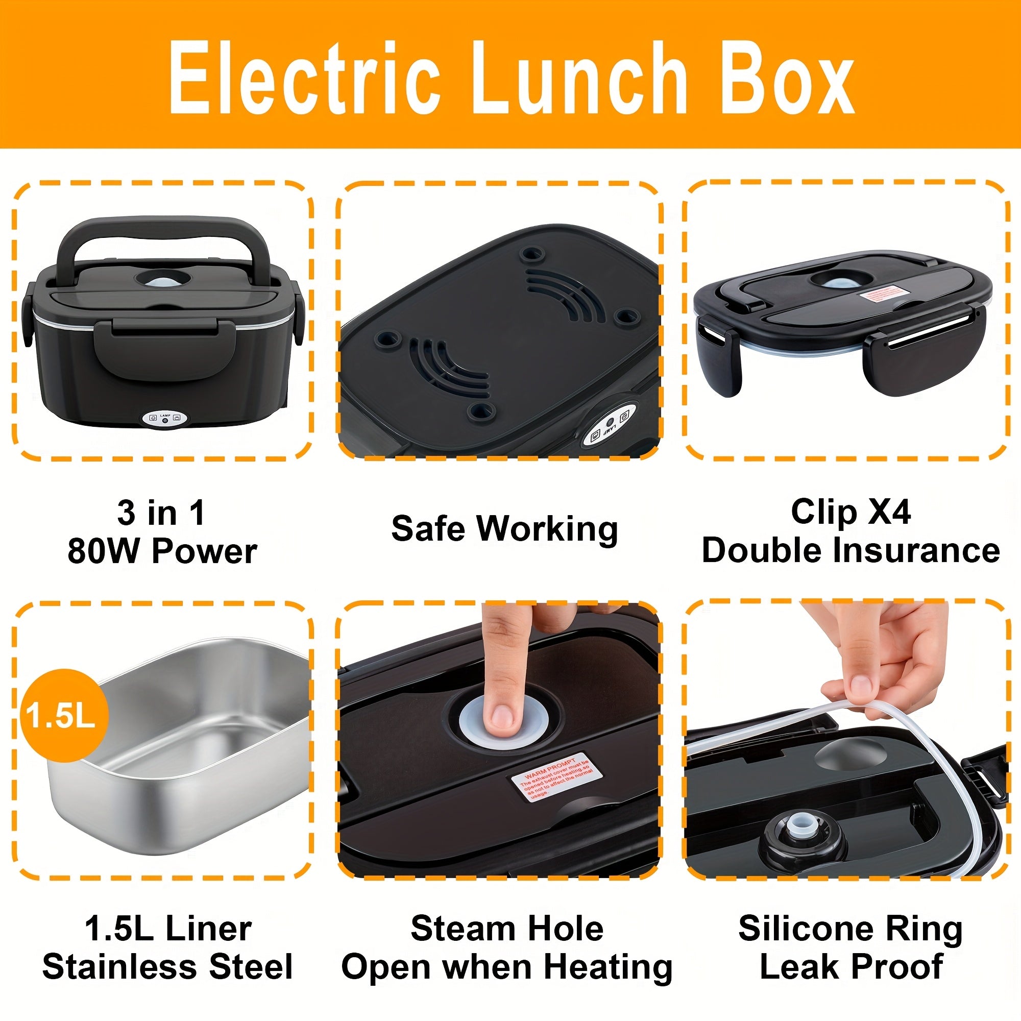Portapranzo con potenza di 80W, capacità da 1,5L per adulti, portapranzo termico, portapranzo riscaldabile portatile per uscite, fornito con borsa termica e set di posate, adatto per riscaldare il pranzo in camion e auto