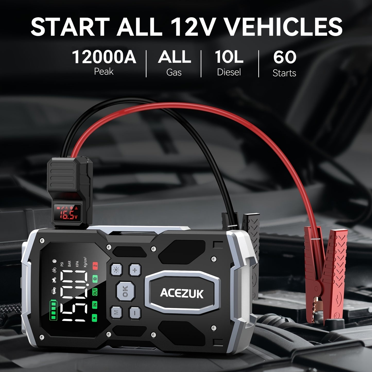Avviatore di emergenza per auto 12000A con compressore d'aria, booster batteria 12V per tutti i motori a benzina/diesel da 10L, gonfiatore portatile per pneumatici con display LCD, luce LED QC3.0, per SUV, camion, moto con custodia