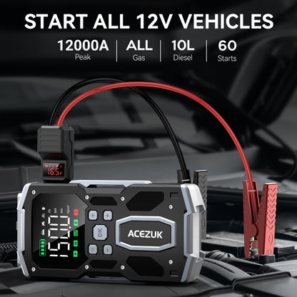 Avviatore di emergenza per auto 12000A con compressore d'aria, booster batteria 12V per tutti i motori a benzina/diesel da 10L, gonfiatore portatile per pneumatici con display LCD, luce LED QC3.0, per SUV, camion, moto con custodia
