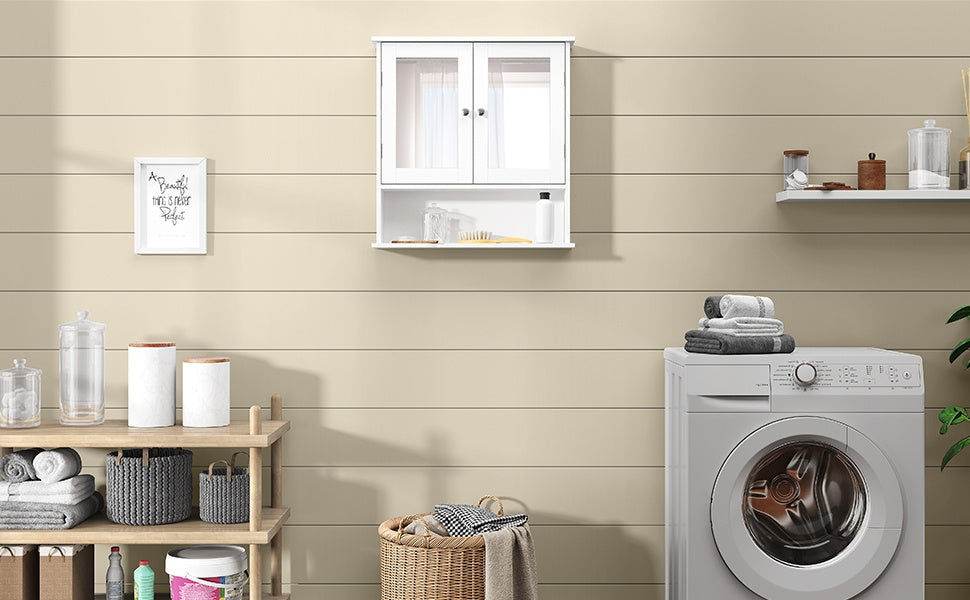 Armadietto Bagno Specchio da Muro Parete Mobile Bagno Sospeso con 2 Ante Mobiletto Pensile Mensola Ripiano Regolabile 58 x 56 x 13 cm