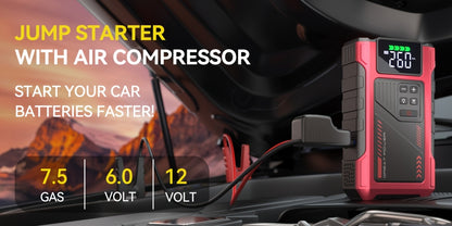 Power Bank Portatile 12V 6000A & Compressore d'Aria Avviatore con Ricarica Rapida e Cavo Intelligente - Booster Batteria 5-in-1 Adatto per Camion a Benzina 7.5L/Diesel 6.0L, Ricarica USB-C, Gonfiaggio Pneumatici, per Campeggio e Viaggi su Strada
