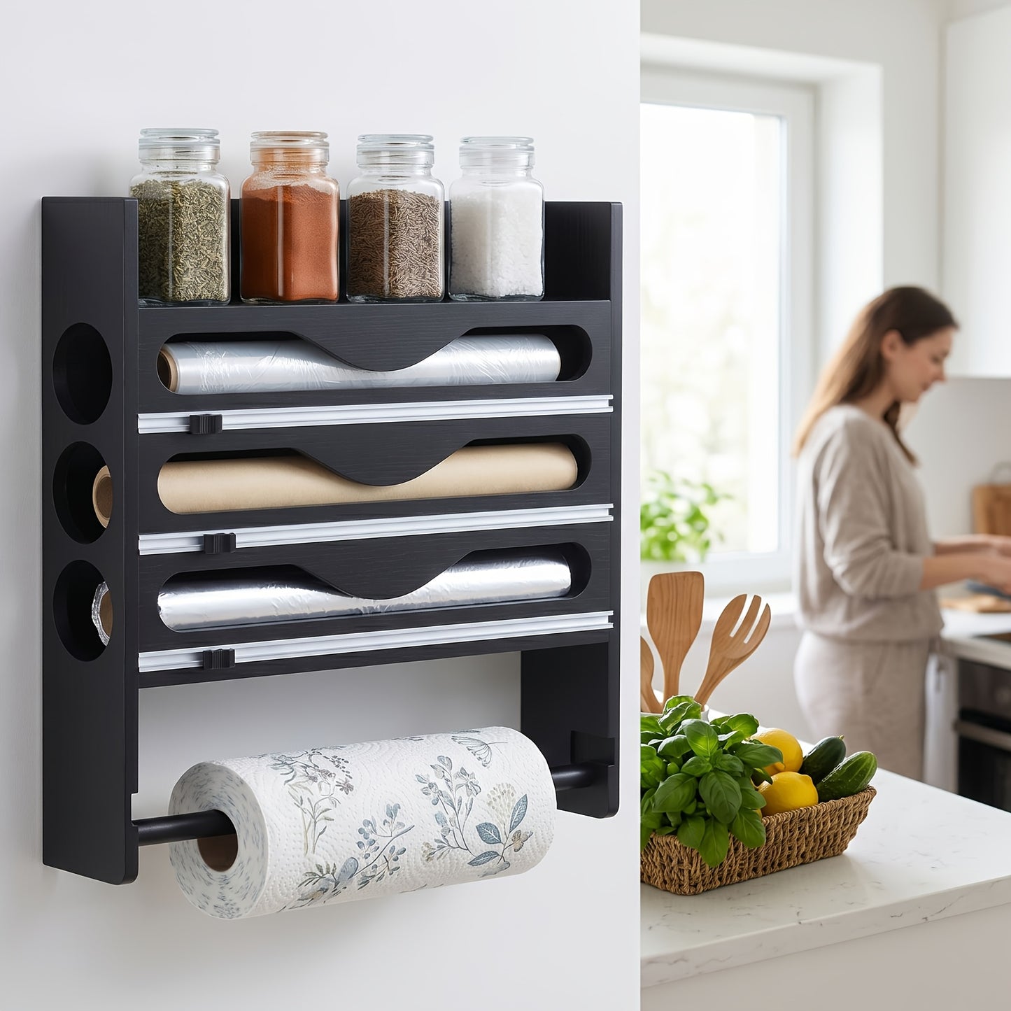 Dispenser per Carta Stagnola con Taglierina, Riutilizzabile, Risparmio Spazio, Ideale per la Cucina, Adatto per Sacchetti di Plastica, Pellicola Trasparente e Carta Stagnola, Montaggio a Parete