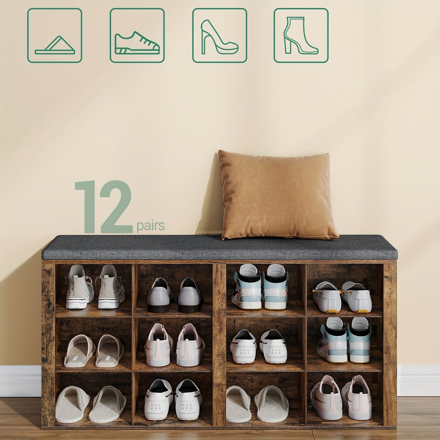 Panchina Portascarpe, Scaffale per Scarpe con Seduta, Panchina con Contenitore, Cuscino, 12 Scomparti, per Soggiorno, Ingresso, Camera da Letto, Bianco-grigio