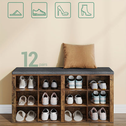 Panchina Portascarpe, Scaffale per Scarpe con Seduta, Panchina con Contenitore, Cuscino, 12 Scomparti, per Soggiorno, Ingresso, Camera da Letto, Bianco-grigio