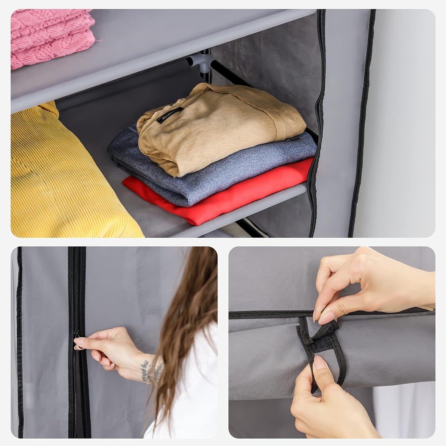 Baroni Home Armadio in Tessuto Richiudibile 70x46x145 cm Grigio 3 Ripiani e 1 Barra Appendiabiti, Guardaroba in Tessuto non Tessuto Pieghevole Salvaspazio con Struttura in Ferro per Camera da Letto, Cabina Armadio, Campeggio, Cameretta, Lavanderia, Mobile