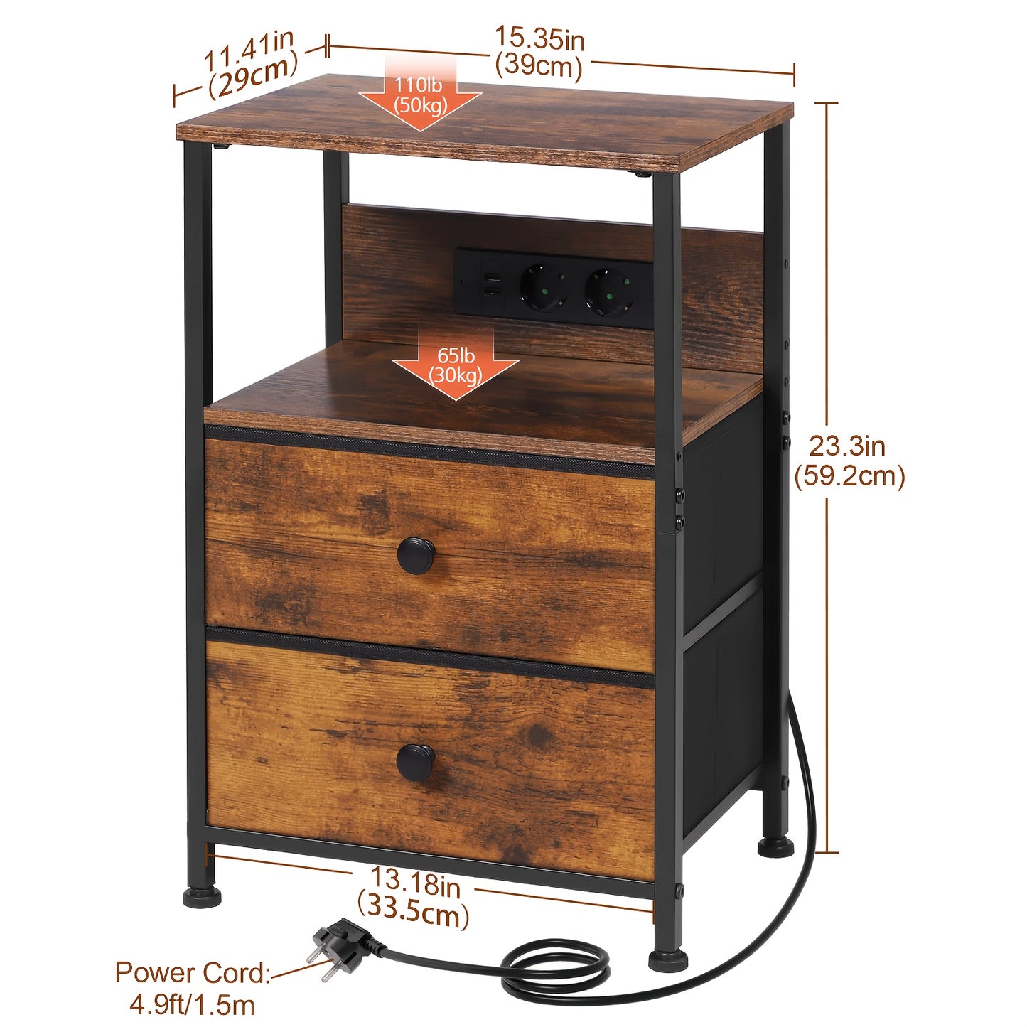 AMHANCIBLE Set Comodino 1/2 pezzi, Cassettiera in Tessuto con Dock di Ricarica, Tavolino da Letto, Comodino con Due Cassetti in Tessuto, Comodino Piccolo per Camera da Letto, Comodino a Quattro Ripiani, Adatto per Camera da Letto, Soggiorno. Nero, Marrone