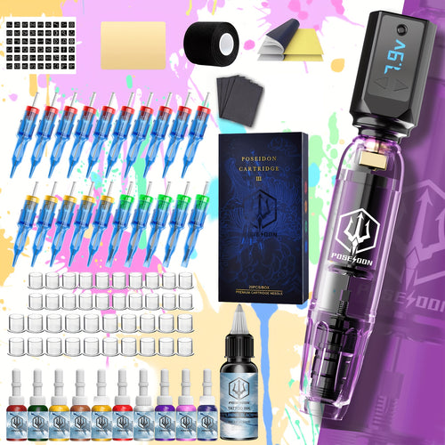 POSEIDON Kit Completo Macchina per Tatuaggi Rotativa con Display Digitale & Batteria da 1200mAh - Pistola per Tatuaggi Wireless Senza Fili con 20 Aghi & Cartucce Kit Completo per Tatuaggi 11 Colori Inchiostri per Tatuaggi Forniture per Tatuaggi per Princi