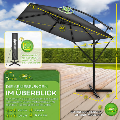 Tillvex® Parasole Rettangolare in Alluminio Ø 330 Cm + Copertura con Manovella | Schermo Angolare a Luce Rossa con Supporto & Parabrezza | Grande Parasole da Giardino in Alluminio Protezione UV | Schermo con Manovella Impermeabile Girevole a 360° per Terr
