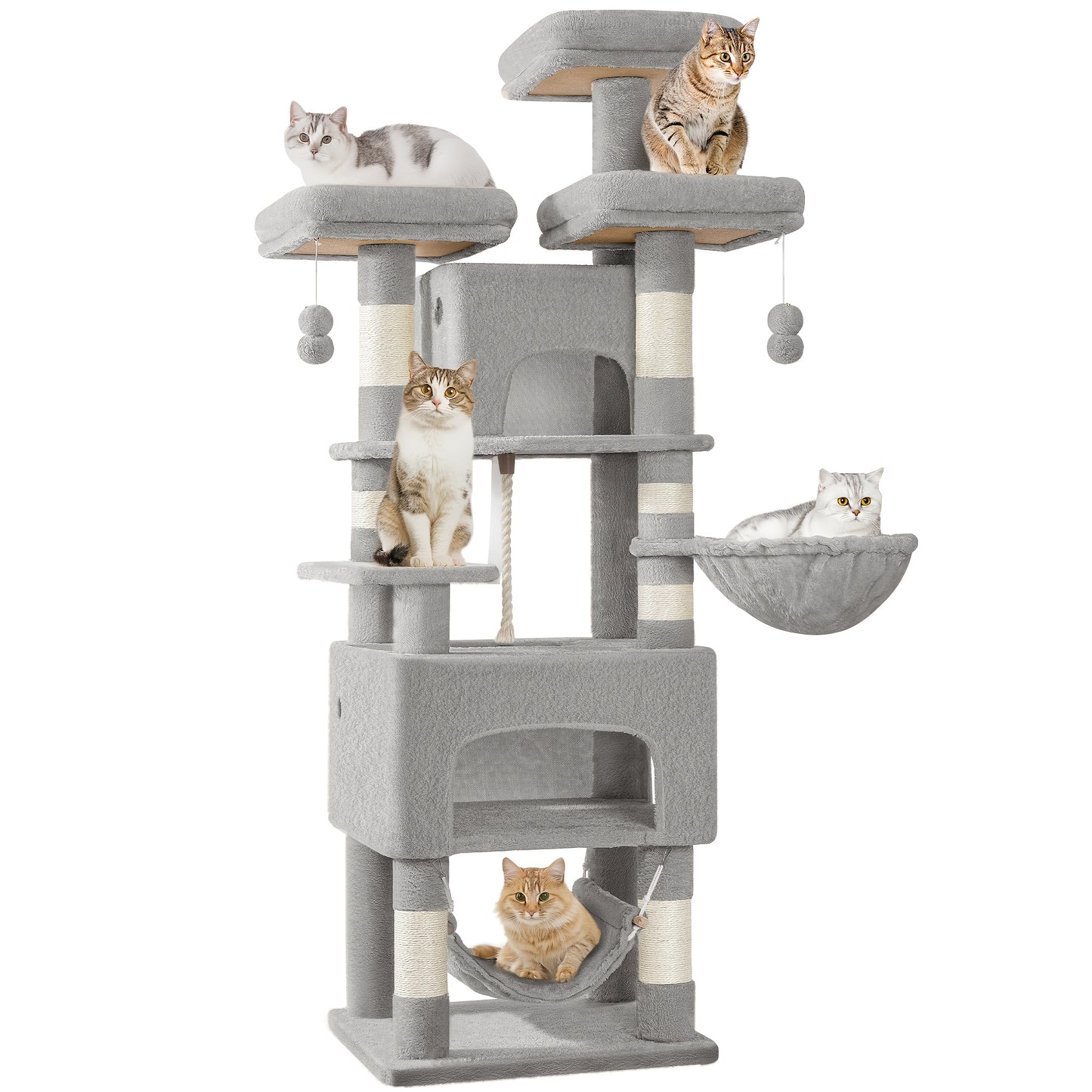 Torre Alta per Gatti, 176 cm di Altezza, Extra Large, con 3 Livelli, 2 Nascondigli, 7 Tavole per Graffiare, una Amaca, Palline Morbide, Ideale per Case con Molteplici Gatti