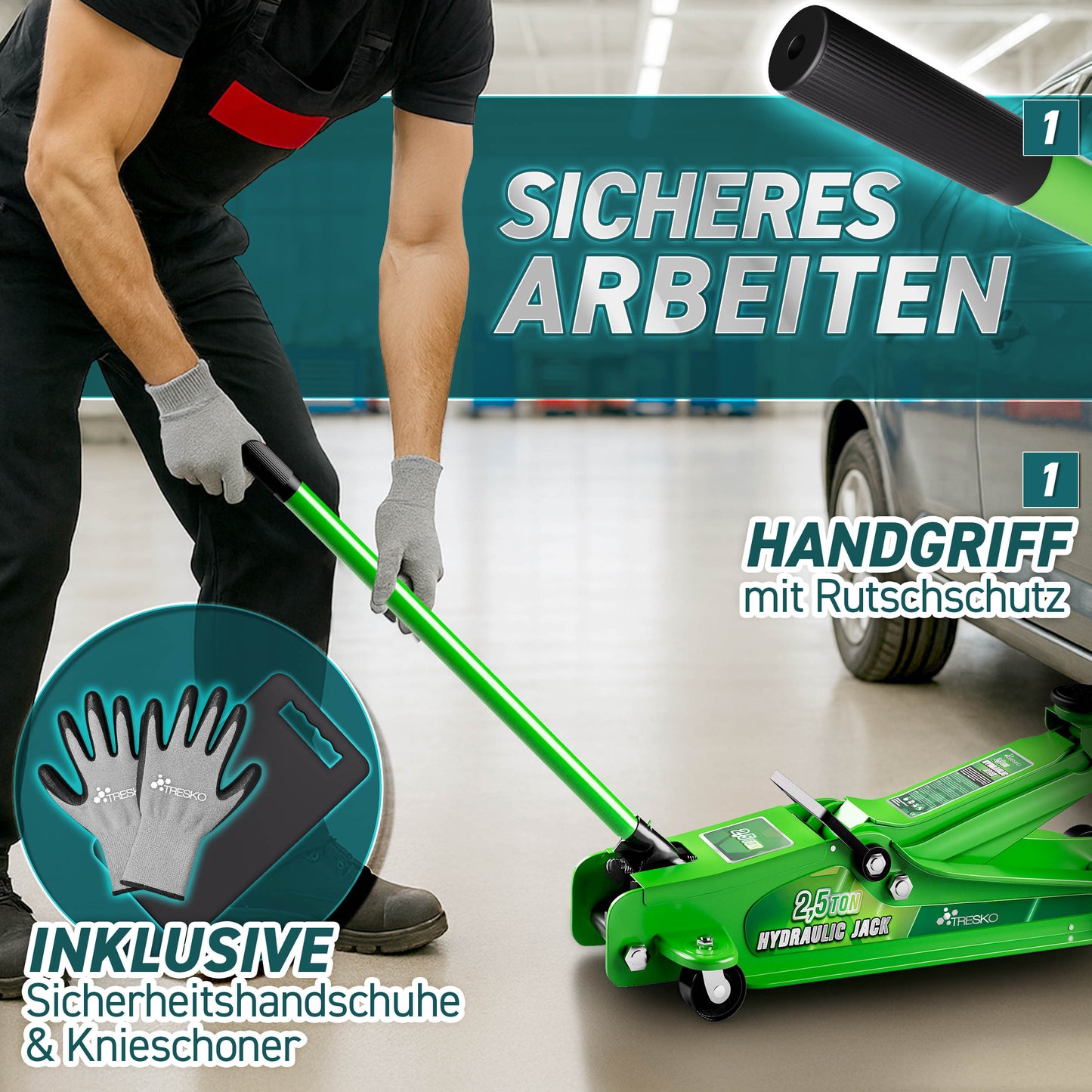 Cric idraulico per auto TRESKO® 2.5 - 3T | Cric idraulico per spostamento auto e SUV con ruote piane e a 360°, include 2 guarnizioni in gomma, tappetino protettivo, guanti