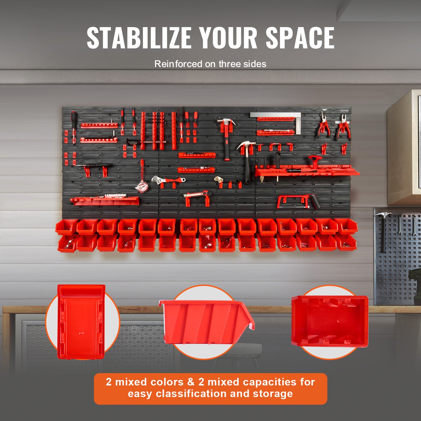 VEVOR Contenitori da parete, Scaffale organizzatore per pezzi da 30 scomparti, Attrezzo da officina in plastica per garage con pannelli a muro/portautensili/ganci, Organizzatore di utensili per dadi, bulloni, viti, chiodi, perline, bottoni, Nero e Rosso