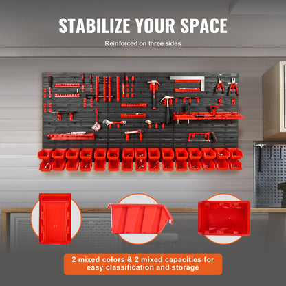 VEVOR Contenitori da parete, Scaffale organizzatore per pezzi da 30 scomparti, Attrezzo da officina in plastica per garage con pannelli a muro/portautensili/ganci, Organizzatore di utensili per dadi, bulloni, viti, chiodi, perline, bottoni, Nero e Rosso