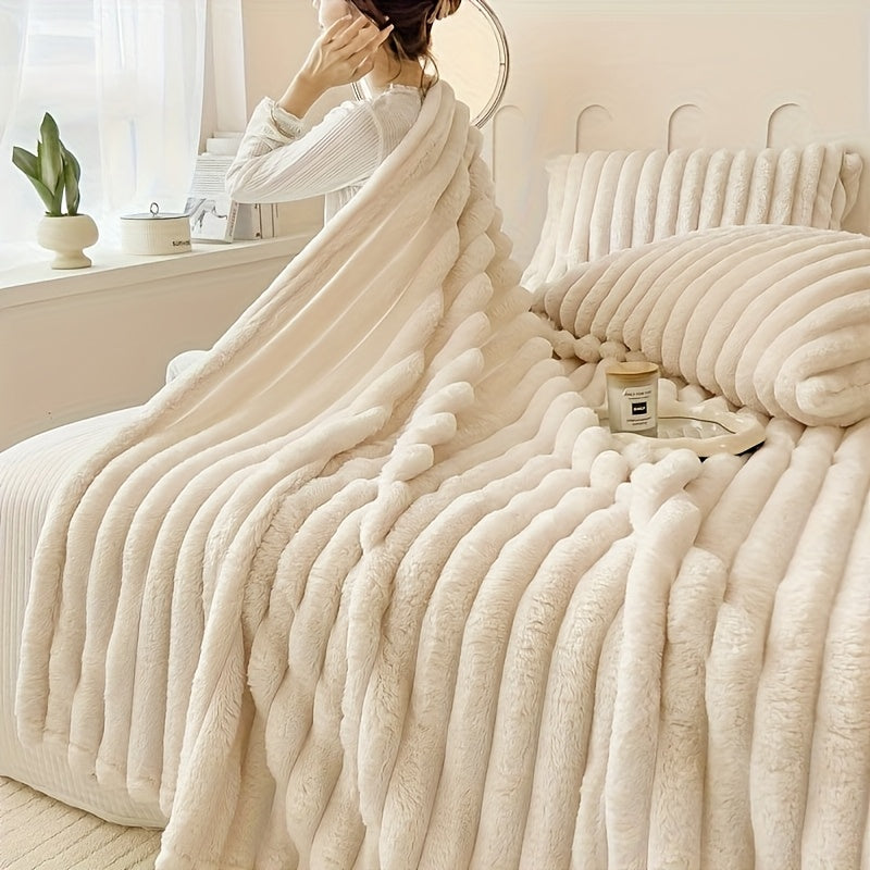 Coperta 1 pz in finta pelliccia di coniglio adatta a tutte le stagioni - Copriletto termico reversibile a righe, morbido e accogliente plaid di coniglio per ufficio, campeggio - Coperta multiuso da regalo