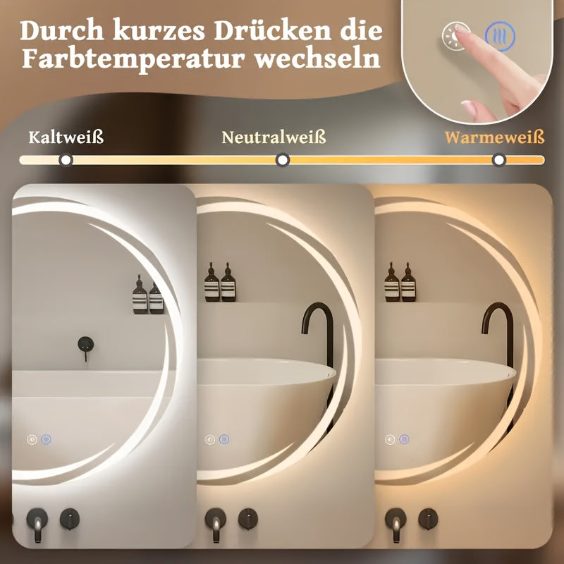 Specchio da Bagno Intelligente a Parete 60cm Diametro, LED Regolabile, Antiscivolo, Luce Fredda e Calda Cambiante, Specchio da Trucco a Parete, Specchio da Bagno, Hotel, Bagno, Specchio Decorativo