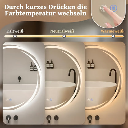 Specchio da Bagno Intelligente a Parete 60cm Diametro, LED Regolabile, Antiscivolo, Luce Fredda e Calda Cambiante, Specchio da Trucco a Parete, Specchio da Bagno, Hotel, Bagno, Specchio Decorativo