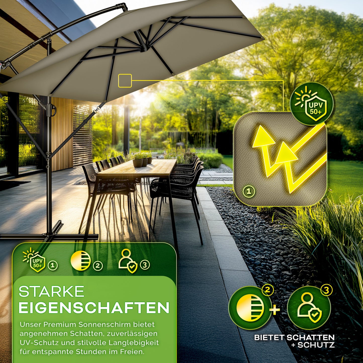 Tillvex® Parasole Rettangolare in Alluminio Ø 330 Cm + Copertura con Manovella | Schermo Angolare a Luce Rossa con Supporto & Parabrezza | Grande Parasole da Giardino in Alluminio Protezione UV | Schermo con Manovella Impermeabile Girevole a 360° per Terr