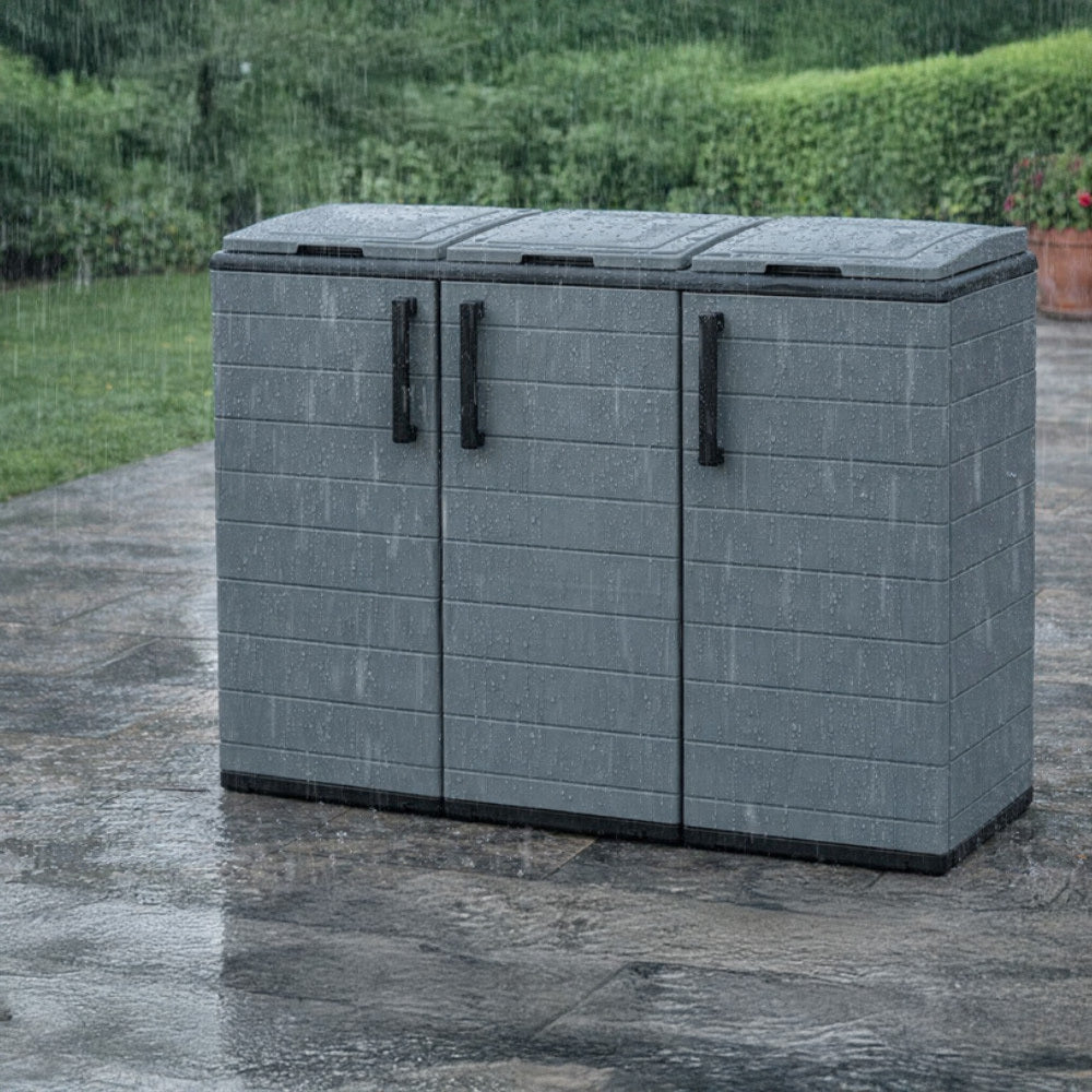 Buystar Mobile Raccolta Differenziata 300L con 3 Scomparti – Armadio Pattumiera Basso in Plastica Riciclabile con Coperchi, Anelli Portasacco – Contenitore Rifiuti con Ante e Cerniere in Acciaio – Uso Interno ed Esterno – 102x37xH84 cm